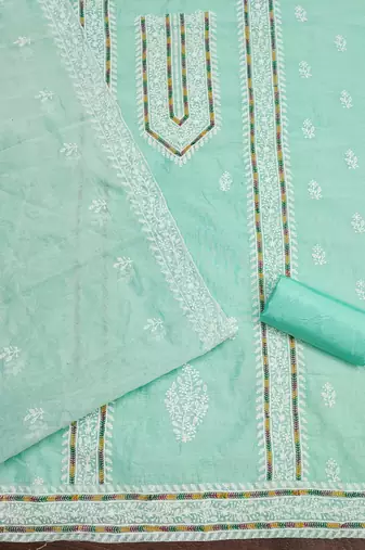 Women's sea green heavy thread multi embroidery modal cotton dress material