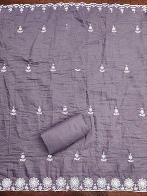 Women's grey heavy thread multi embroidery parampara silk dress material 4