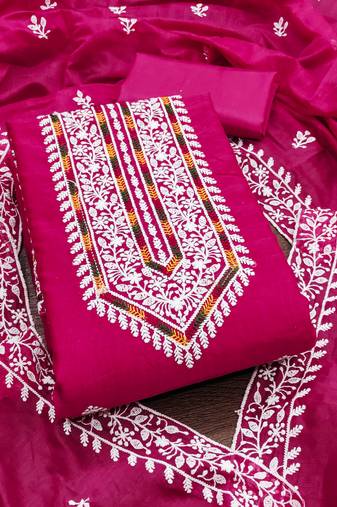 Women's pink unstitched heavy thread multi embroidery modal cotton dress material 