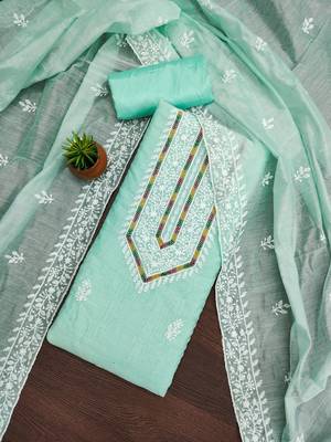 Women's sea green heavy thread multi embroidery modal cotton dress material 3