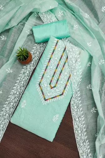 Women's sea green heavy thread multi embroidery modal cotton dress material