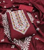 Women's maroon unstitched heavy thread multi embroidery modal cotton dress material 