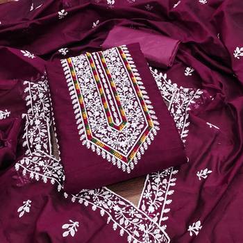 Women's magenta heavy thread multi embroidery modal cotton dress material 1