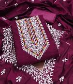 Women's magenta unstitched heavy thread multi embroidery modal cotton dress material 
