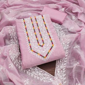 Women's baby pink heavy thread multi embroidery modal cotton dress material 1