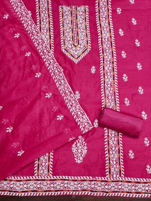 Women's pink heavy thread multi embroidery modal cotton dress material 2
