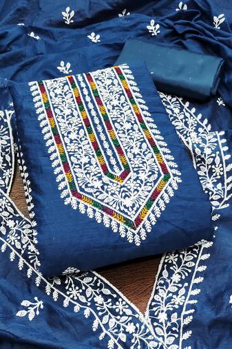 Women's blue unstitched heavy thread multi embroidery modal cotton dress material 