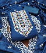 Women's blue unstitched heavy thread multi embroidery modal cotton dress material 