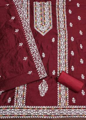 Women's maroon heavy thread multi embroidery modal cotton dress material 2