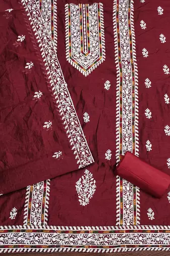 Women's maroon heavy thread multi embroidery modal cotton dress material