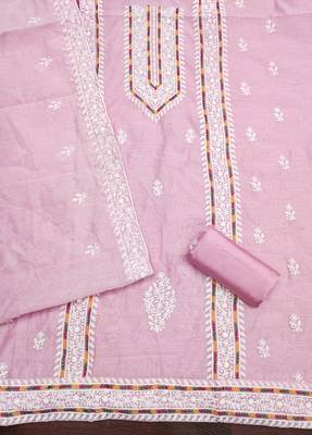 Women's baby pink heavy thread multi embroidery modal cotton dress material 2