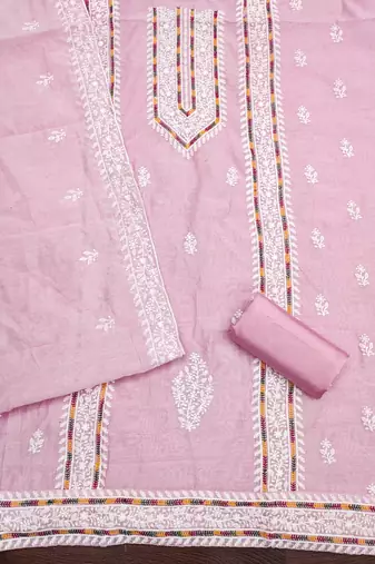 Women's baby pink heavy thread multi embroidery modal cotton dress material