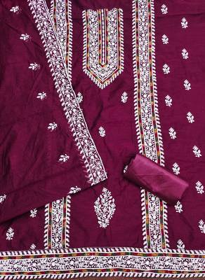 Women's magenta heavy thread multi embroidery modal cotton dress material 2