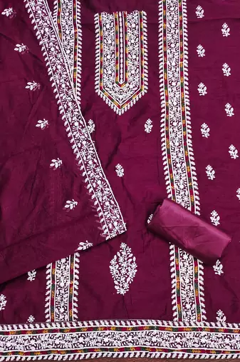 Women's magenta heavy thread multi embroidery modal cotton dress material