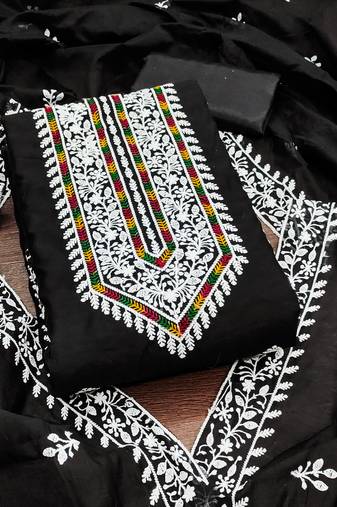 Women's black unstitched heavy thread multi embroidery modal cotton dress material 