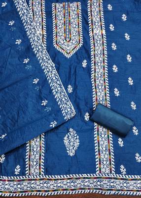 Women's blue heavy thread multi embroidery modal cotton dress material 2