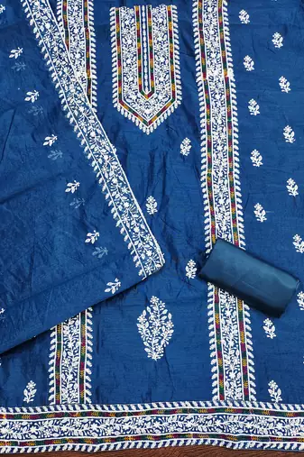 Women's blue heavy thread multi embroidery modal cotton dress material
