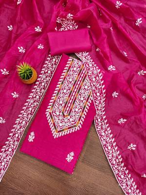 Women's pink heavy thread multi embroidery modal cotton dress material 3
