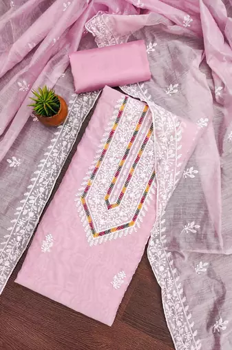 Women's baby pink heavy thread multi embroidery modal cotton dress material