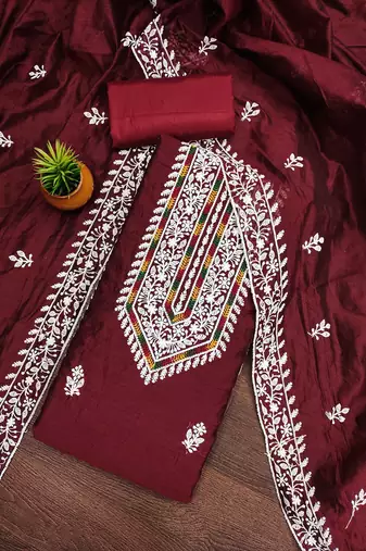 Women's maroon heavy thread multi embroidery modal cotton dress material