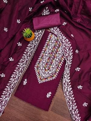 Women's magenta heavy thread multi embroidery modal cotton dress material 3