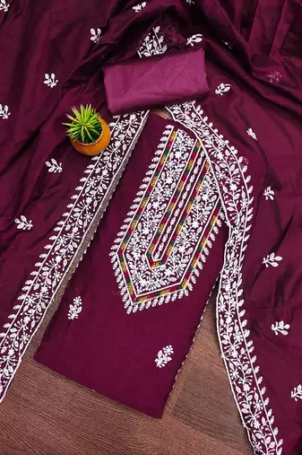 Women's magenta heavy thread multi embroidery modal cotton dress material