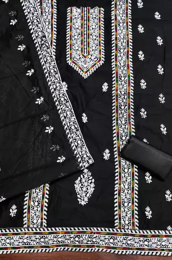Women's black heavy thread multi embroidery modal cotton dress material