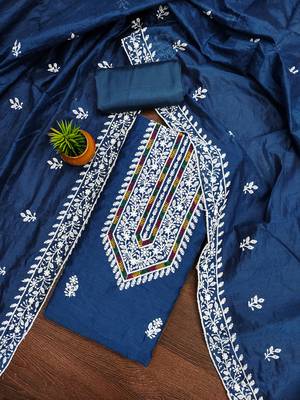 Women's blue heavy thread multi embroidery modal cotton dress material 3
