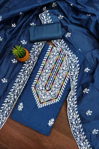 Women's blue heavy thread multi embroidery modal cotton dress material