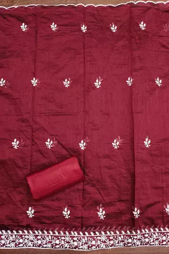 Women's maroon heavy thread multi embroidery modal cotton dress material