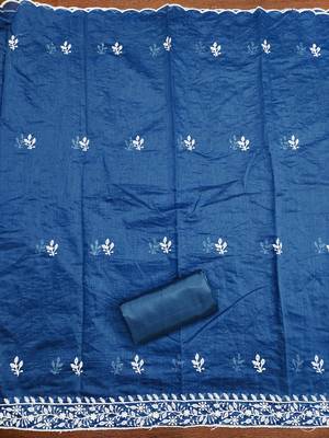 Women's blue heavy thread multi embroidery modal cotton dress material 4