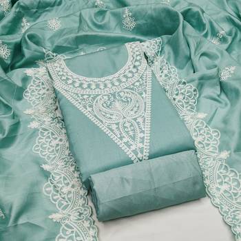 Women's sea green heavy thread embroidery jalpari silk dress material 1