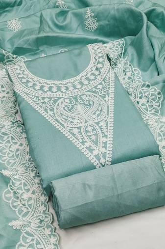 Women's sea green unstitched heavy thread embroidery jalpari silk dress material 
