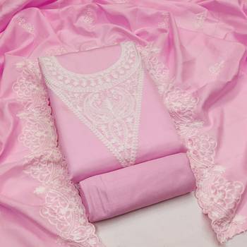 Women's pink heavy thread embroidery jalpari silk dress material 1