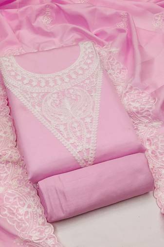 Women's pink unstitched heavy thread embroidery jalpari silk dress material 