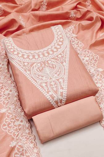 Women's peach unstitched heavy thread embroidery jalpari silk dress material 
