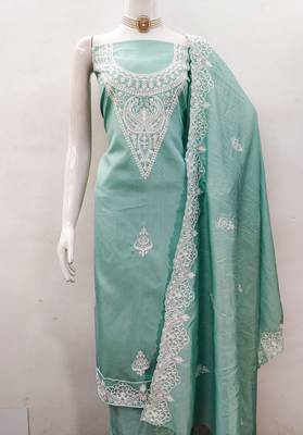 Women's sea green heavy thread embroidery jalpari silk dress material 2