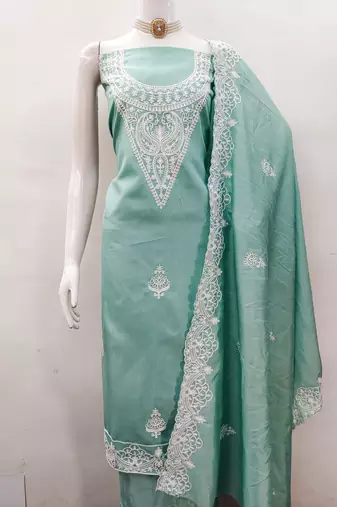 Women's sea green heavy thread embroidery jalpari silk dress material