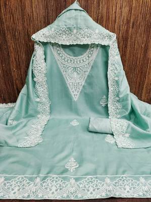 Women's sea green heavy thread embroidery jalpari silk dress material 3