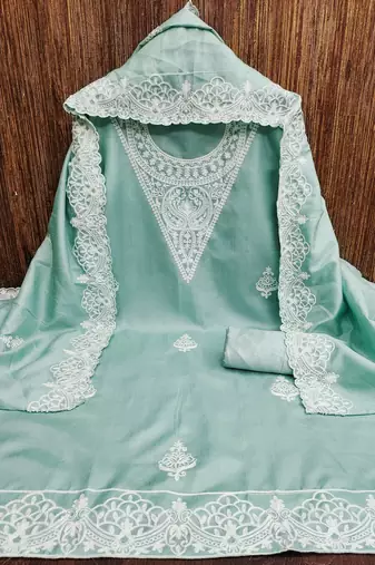 Women's sea green heavy thread embroidery jalpari silk dress material