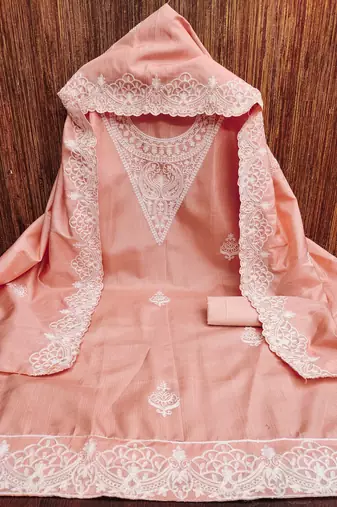 Women's peach heavy thread embroidery jalpari silk dress material