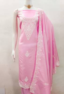 Women's pink heavy thread embroidery jalpari silk dress material 3