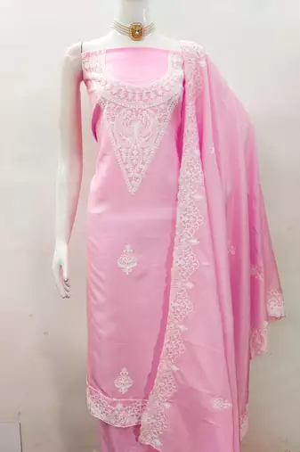 Women's pink heavy thread embroidery jalpari silk dress material