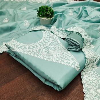 Women's sea green heavy thread embroidery jalpari silk dress material 4