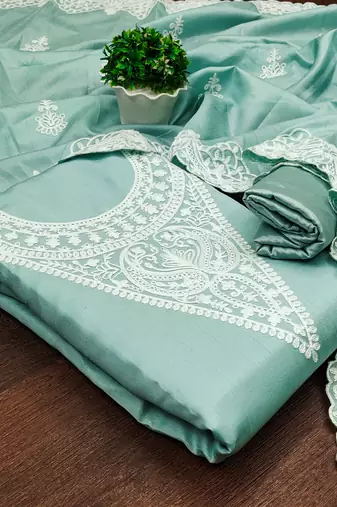 Women's sea green heavy thread embroidery jalpari silk dress material