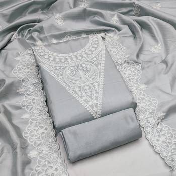 Women's grey heavy thread embroidery jalpari silk dress material 1