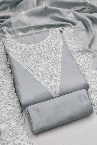 Women's grey unstitched heavy thread embroidery jalpari silk dress material 