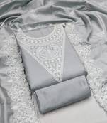 Women's grey unstitched heavy thread embroidery jalpari silk dress material 