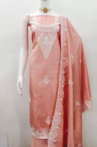 Women's peach heavy thread embroidery jalpari silk dress material