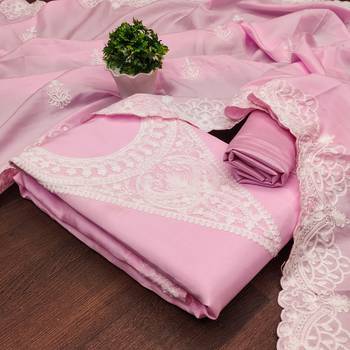 Women's pink heavy thread embroidery jalpari silk dress material 4